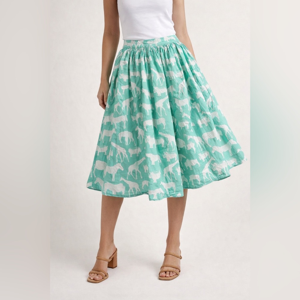 Sheridan French Zebra Print Green & White Lined Midi Skirt Women’s Size 6